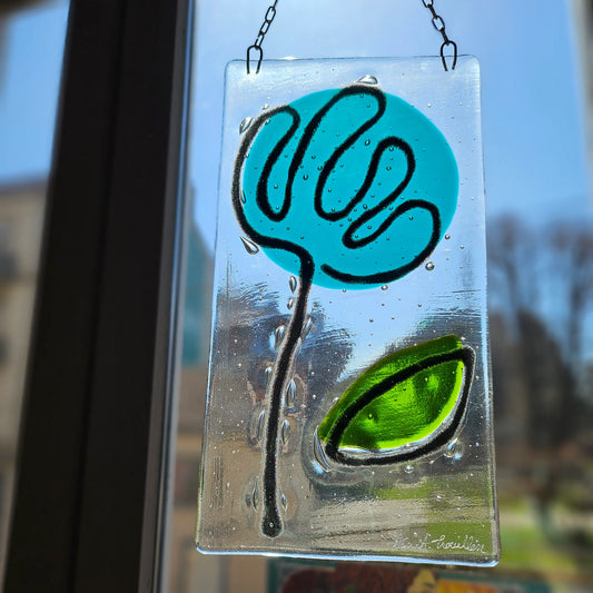 Blue leaf fused glass suncatcher
