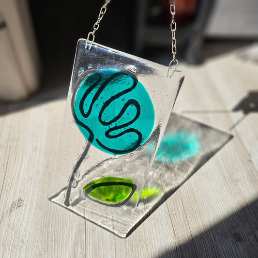 Blue leaf fused glass suncatcher