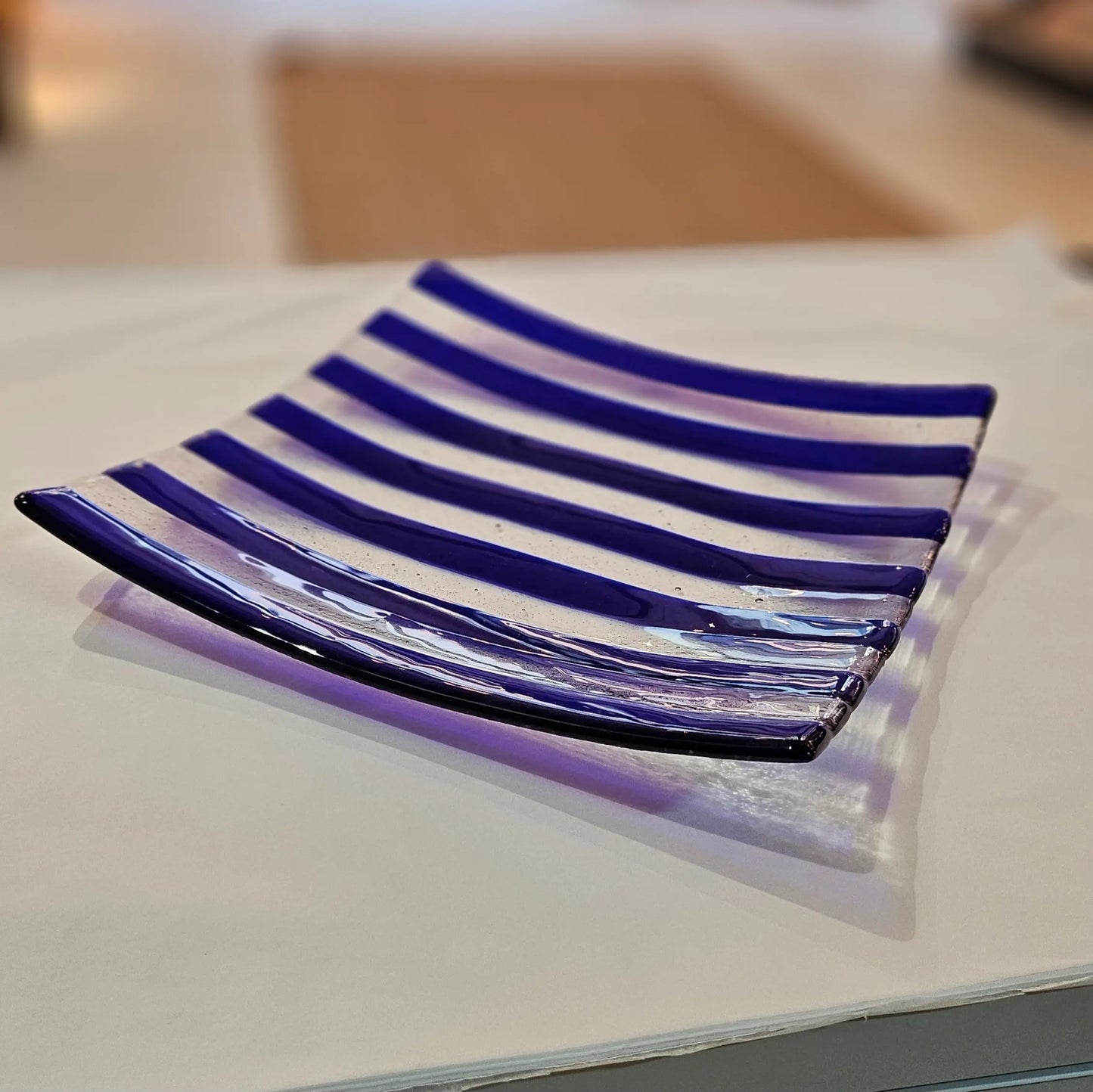 Blue and transparent striped fused glass dish, unique tableware.